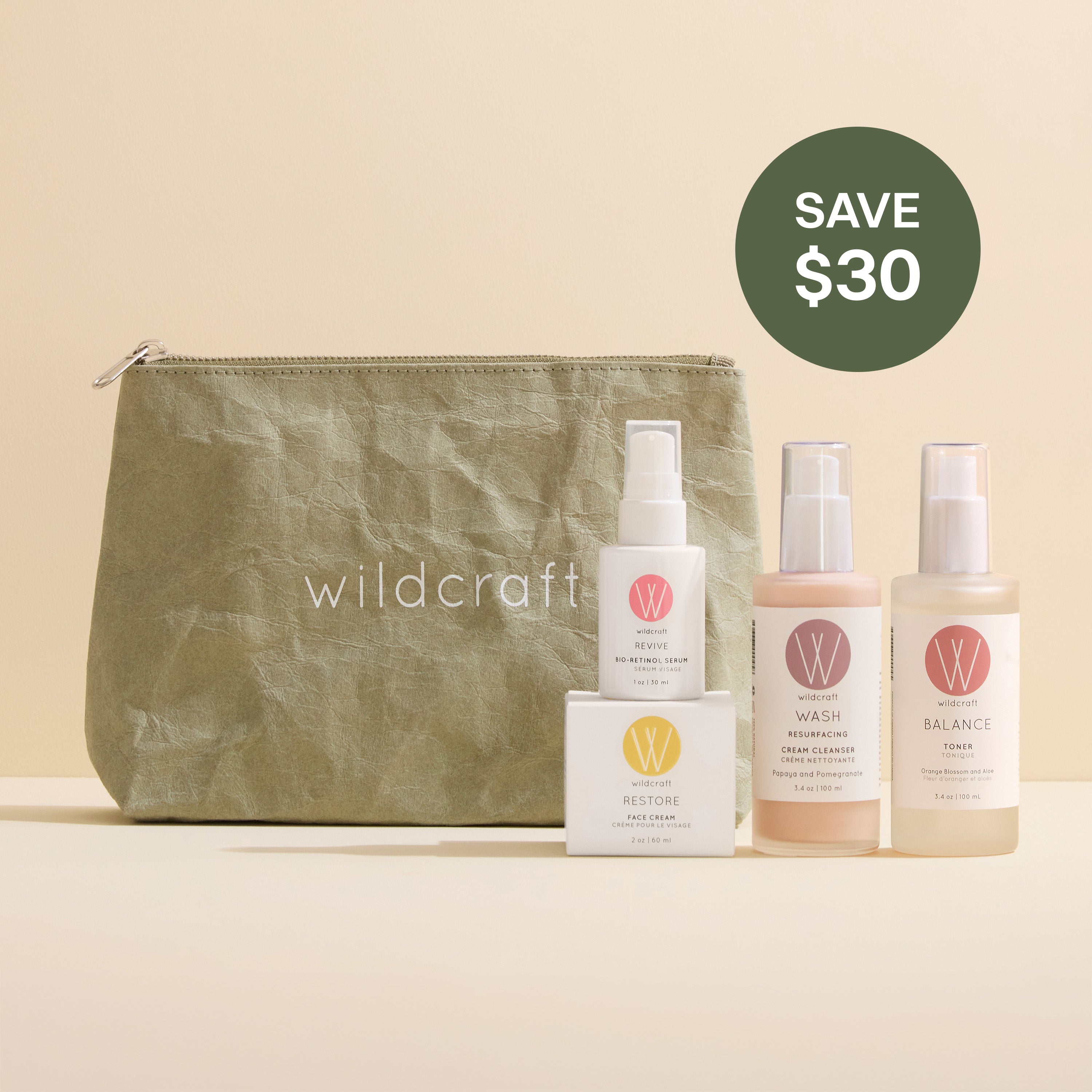 Wildcraft skincare products with a green pouch on a beige background